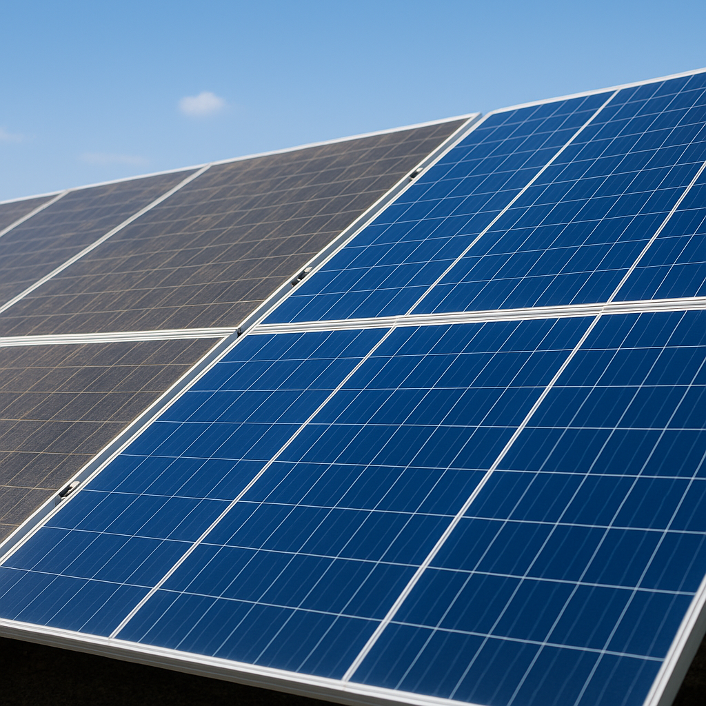 IMAGEM MOSTRA MODULOS FOTOVOLTAICOS SUJOS E LIMPOS ONDE A S2V ENGENHARIA ME MARINGÁ REALIZA A LIMPEZA