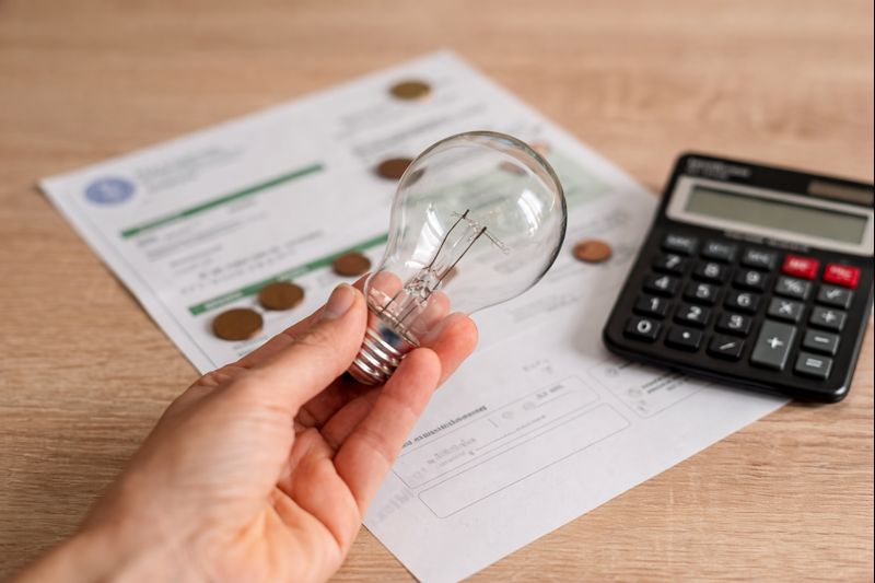 Conta de luz com lâmpada, calculadora e moedas, representando o aumento da tarifa de energia elétrica no Brasil em 2025.