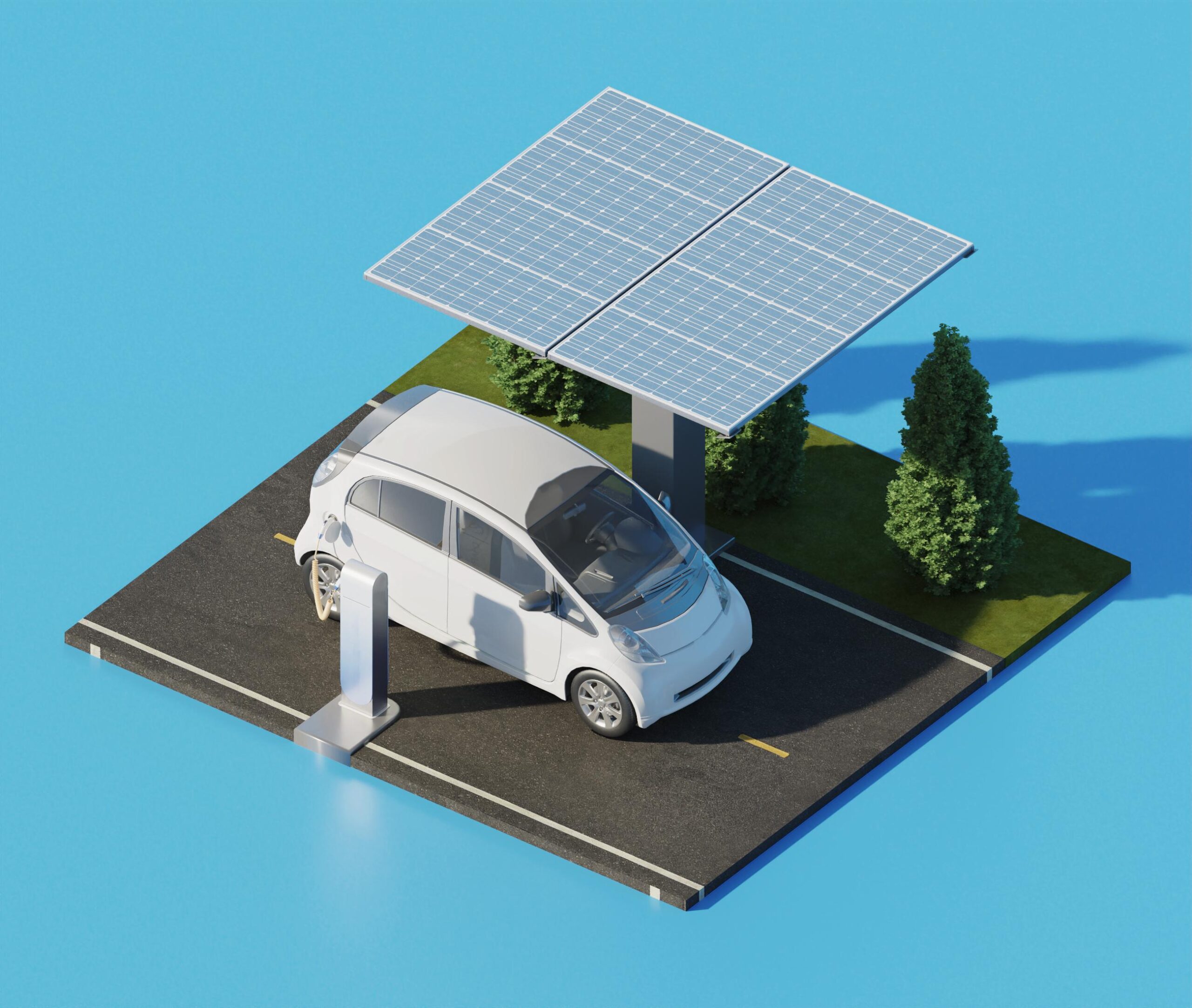 Energia Solar em Maringá 5 Carro elétrico branco sendo carregado em uma estação com cobertura de painéis solares, em um pequeno estacionamento ao ar livre com árvores ao fundo.