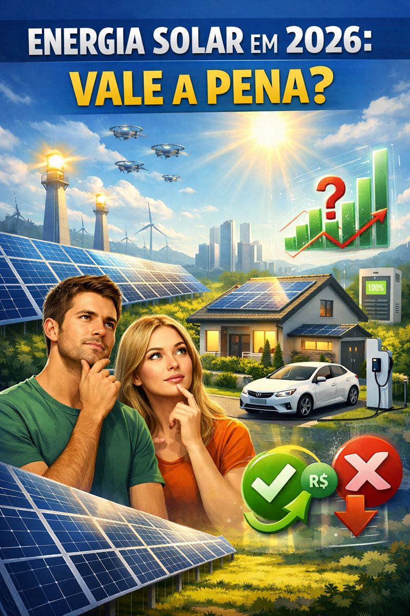 Ilustração sobre energia solar em 2026, mostrando casa com painéis solares, carro elétrico em recarga, sistema de baterias e um casal analisando se vale a pena investir em energia solar, com cenário futurista e gráfico de crescimento.