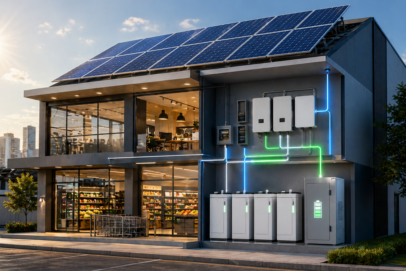 Prédio comercial com painel solar e sistema BESS para armazenamento de energia em comércios