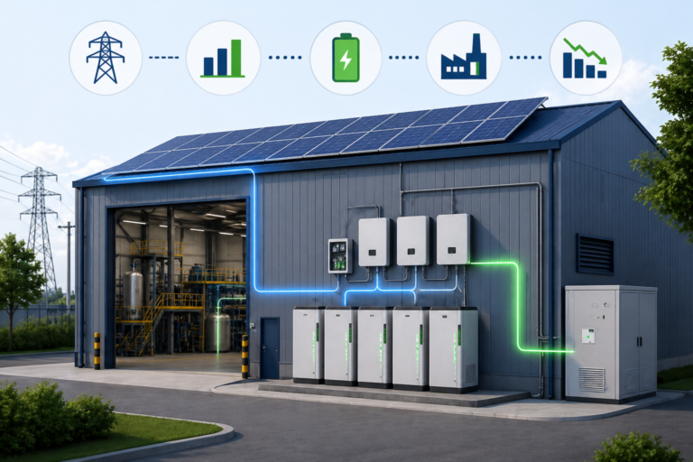Galpão industrial com sistema BESS para armazenamento de energia e redução de demanda contratada
