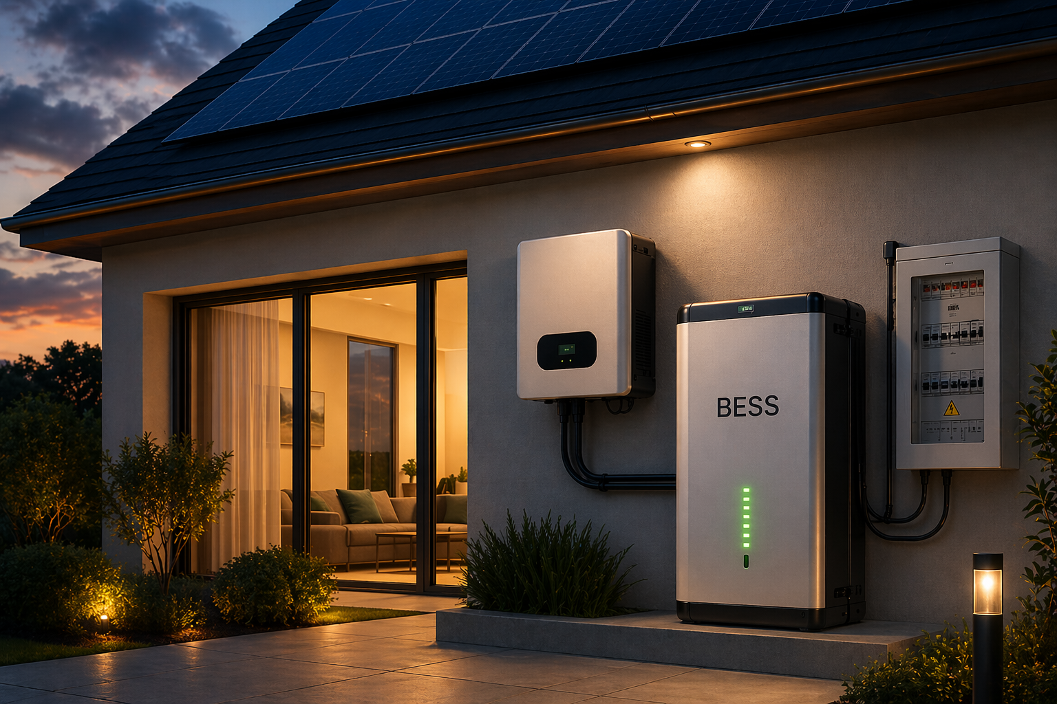 Casa com painel solar no telhado conectada a sistema BESS residencial de armazenamento de energia