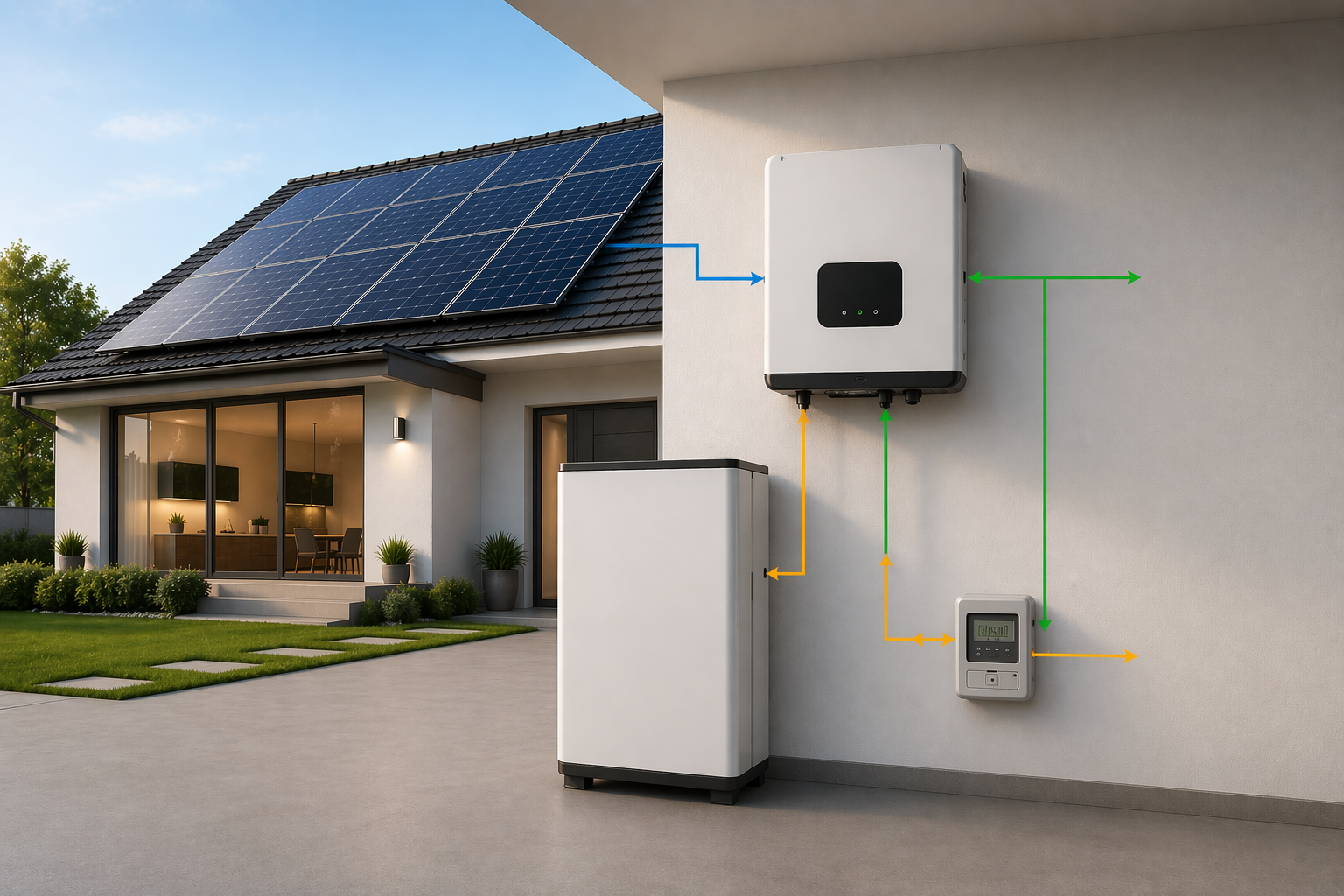 Sistema BESS com painel solar e bateria para armazenamento de energia residencial