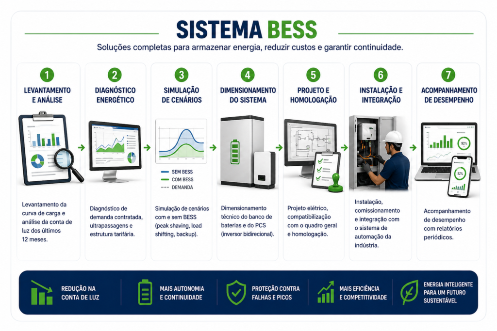 Fluxo de processo de implantação de BESS Industrial pela S2V