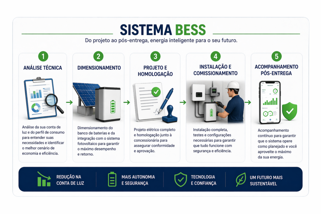 Infográfico compacto de sistema BESS com cinco etapas: análise de consumo, dimensionamento das baterias, projeto e homologação, instalação e comissionamento, e acompanhamento pós-entrega. Inclui ícones ilustrativos e destaca benefícios como economia, autonomia, segurança e sustentabilidade.