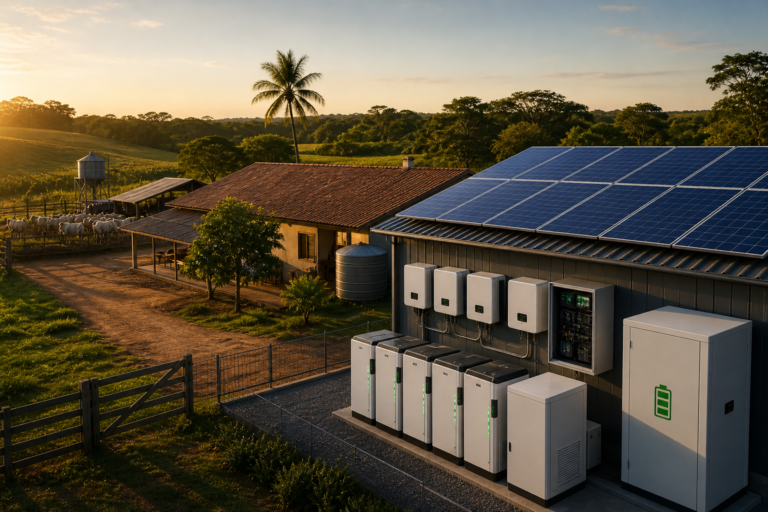 Propriedade rural com painel solar e sistema BESS para armazenamento de energia no campo e agronegócio